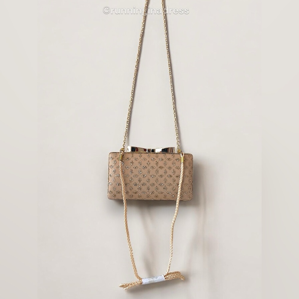 Kate Landry Gold Bow Clasp Evening Clutch with Chain or Braided Rope Crossbody